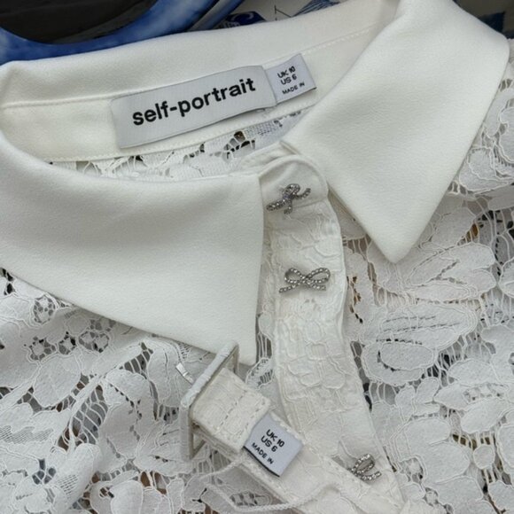 🆕 SELF-PORTRAIT 🧿 NWOT White Lace Peplum Belted Midi Dress, Sz UK 10 US 6 - Picture 15 of 16